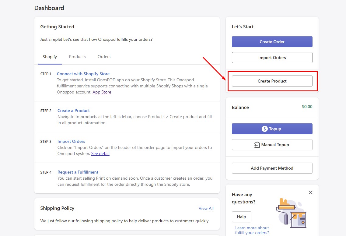 create a product onospod fulfillment service