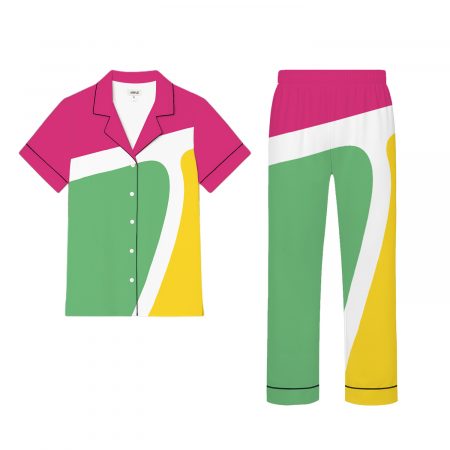 All-Over Print Satin Short-Sleeve Pajama Set with Long Pants