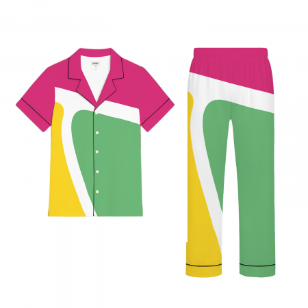 All-Over Print Satin Short-Sleeve Pajama Set with Long Pants