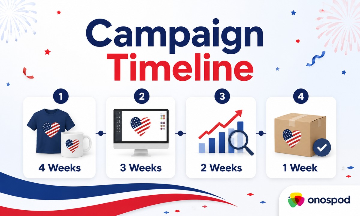 Cách seller POD chuẩn bị campaign July 4: Sản phẩm, thiết kế và fulfillment cho thị trường Mỹ 9 july 4 campaign timeline