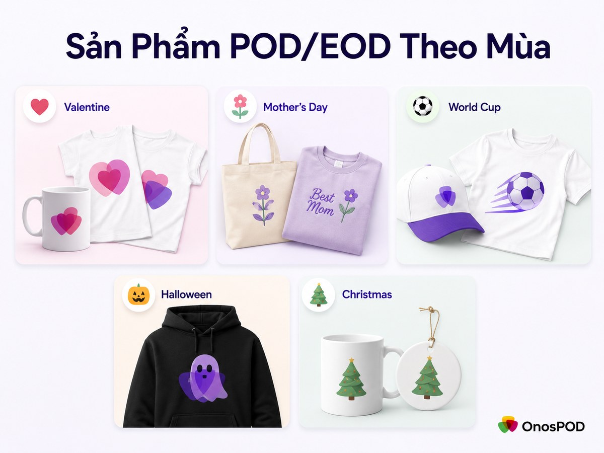 Lịch mùa bán hàng Print on Demand 2026: Seller nên chuẩn bị gì cho từng campaign? 8 san pham pod eod theo mua
