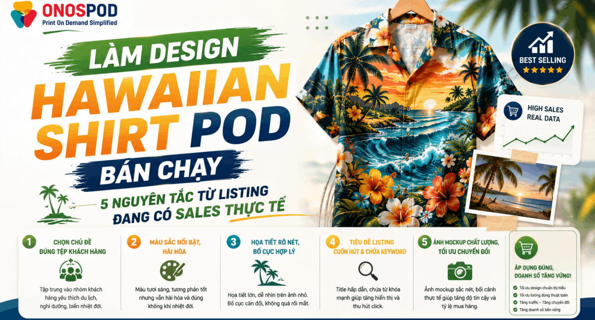 Làm Design Hawaiian Shirt POD Bán Chạy — 5 Nguyên Tắc Từ Listing Đang Có Sales Thực Tế