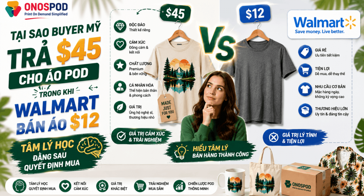 Tại Sao Buyer Mỹ Trả $45 Cho Áo POD Trong Khi Walmart Bán Áo $12 — POD Tâm Lý Học Đằng Sau Quyết Định Mua