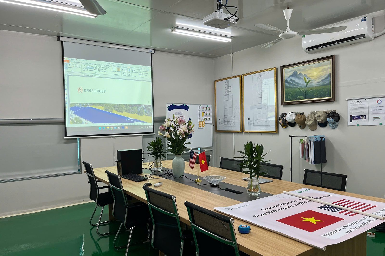 Onospod Vietnam branded meeting room with ONOS GROUP presentation