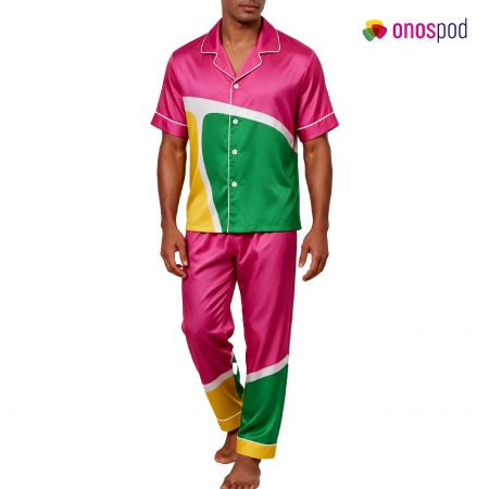 All-over Print Men's Satin Short-Sleeve Pajamas Set with Long Pants